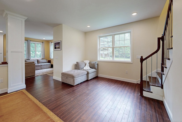 9 Purdum Rd, New Fairfield, CT 06812 - living area with dark wood-style flooring, stairs, baseboards, and recessed lighting