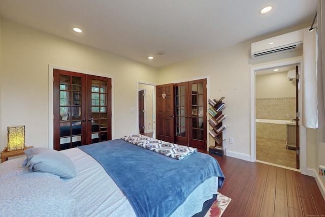 9 Purdum Rd, New Fairfield, CT 06812 - bedroom with french doors, a wall mounted air conditioner, dark wood-style floors, recessed lighting, and baseboards