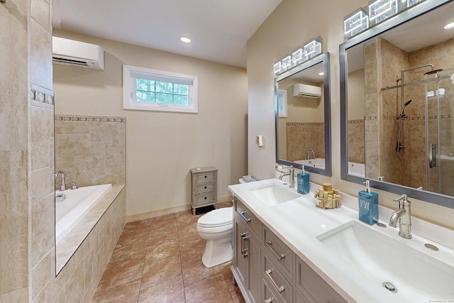 9 Purdum Rd, New Fairfield, CT 06812 - full bath with a wall mounted air conditioner, toilet, a bath, double vanity, and recessed lighting