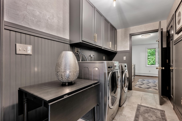 89 Goose Green Rd, Barkhamsted, CT 06063 - laundry room featuring washer and dryer, a baseboard radiator, cabinet space, and a wainscoted wall