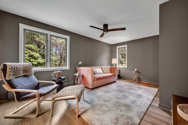 89 Goose Green Rd, Barkhamsted, CT 06063 - living area featuring a ceiling fan, a baseboard radiator, wood finished floors, and baseboards