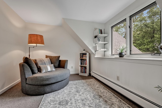 89 Goose Green Rd, Barkhamsted, CT 06063 - living area featuring a baseboard heating unit, dark carpet, and baseboards