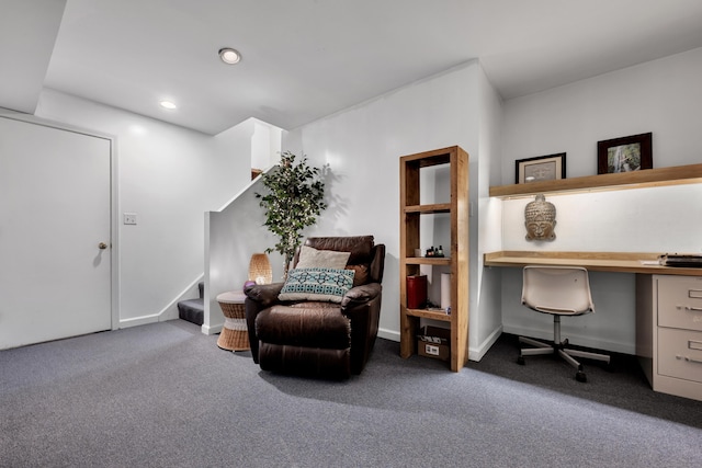 89 Goose Green Rd, Barkhamsted, CT 06063 - living area featuring carpet, an office area, recessed lighting, baseboards, and stairs