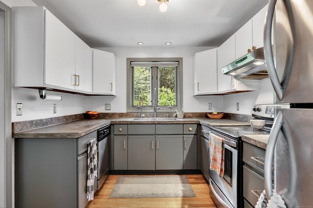 89 Goose Green Rd, Barkhamsted, CT 06063 - kitchen featuring appliances with stainless steel finishes, ventilation hood, gray cabinetry, a sink, and light wood-type flooring