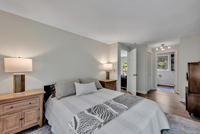 89 Goose Green Rd, Barkhamsted, CT 06063 - bedroom with a baseboard heating unit, wood finished floors, a closet, and baseboards