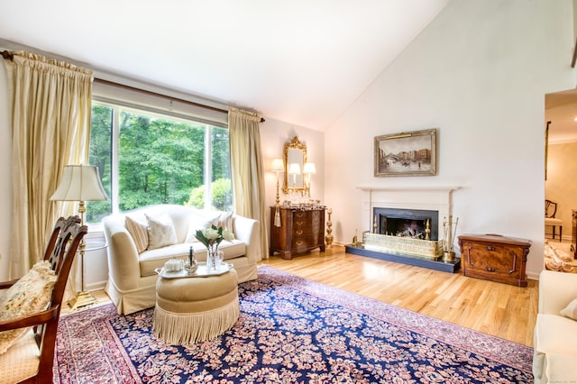 510 W Lyon Farm Dr Unit 510, Greenwich, CT 06831 - living area featuring wood finished floors, a fireplace, high vaulted ceiling, and baseboards