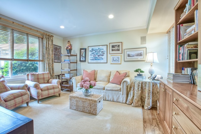 510 W Lyon Farm Dr Unit 510, Greenwich, CT 06831 - living room featuring crown molding, recessed lighting, and light wood finished floors
