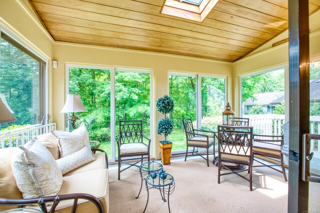 510 W Lyon Farm Dr Unit 510, Greenwich, CT 06831 - sunroom with a skylight, wooden ceiling, lofted ceiling, and carpet