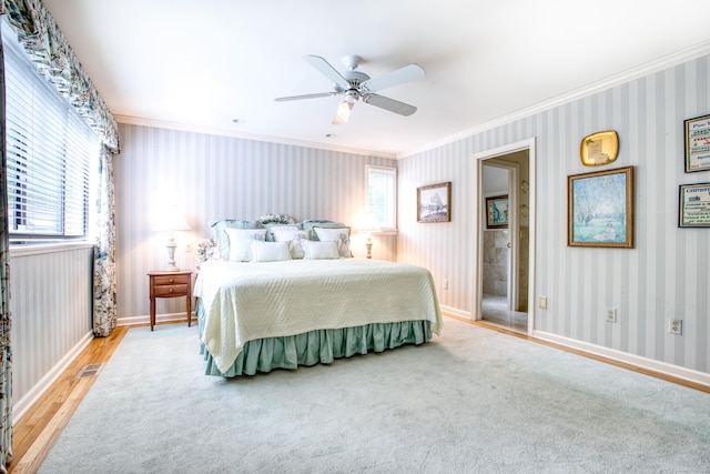 510 W Lyon Farm Dr Unit 510, Greenwich, CT 06831 - bedroom with ornamental molding, baseboards, wood finished floors, ceiling fan, and wallpapered walls