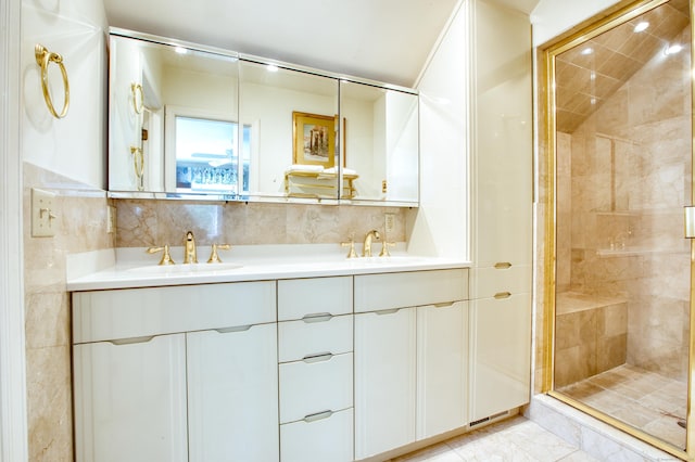 510 W Lyon Farm Dr Unit 510, Greenwich, CT 06831 - full bath with double vanity, a stall shower, and decorative backsplash