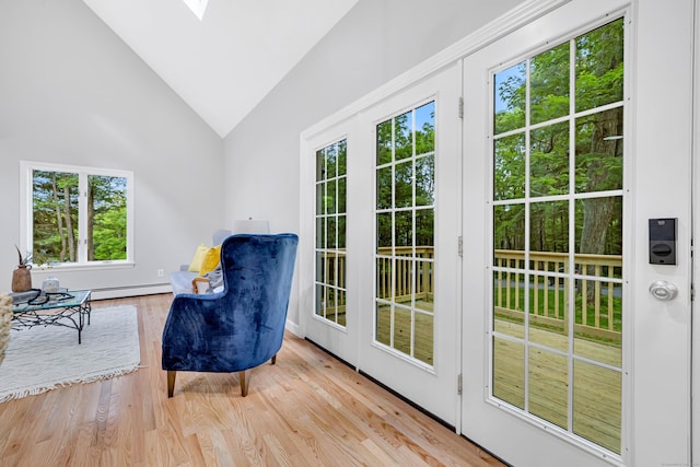 53 Windham Rd, Hampton, CT 06247 - sitting room featuring lofted ceiling, wood finished floors, a skylight, and baseboard heating