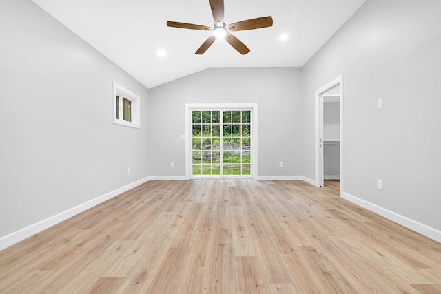 53 Windham Rd, Hampton, CT 06247 - empty room with ceiling fan, vaulted ceiling, light wood-style floors, baseboards, and recessed lighting