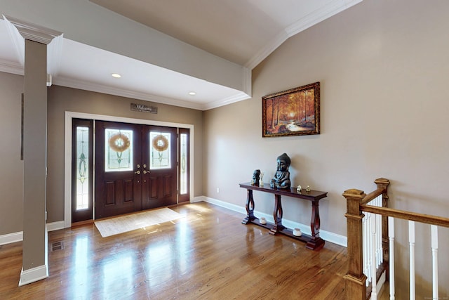 125 Stadley Rough Rd, Danbury, CT 06811 - entrance foyer featuring crown molding, wood finished floors, baseboards, lofted ceiling, and french doors