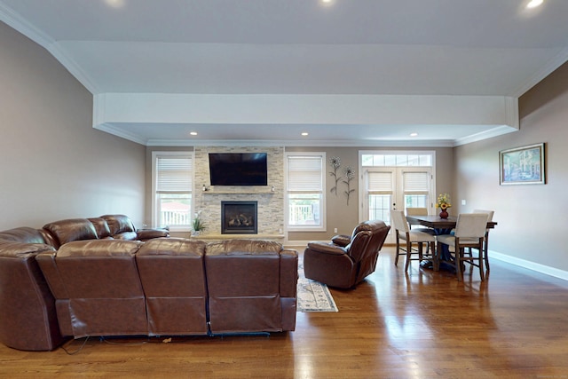 125 Stadley Rough Rd, Danbury, CT 06811 - living area featuring crown molding, wood finished floors, baseboards, recessed lighting, and a fireplace