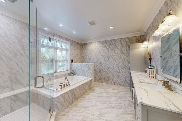 125 Stadley Rough Rd, Danbury, CT 06811 - bathroom featuring a garden tub, vanity, crown molding, marble finish flooring, and a marble finish shower