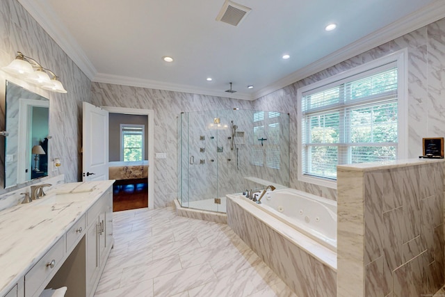 125 Stadley Rough Rd, Danbury, CT 06811 - full bathroom featuring healthy amount of natural light, a stall shower, crown molding, a whirlpool tub, and vanity