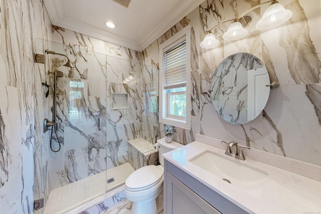 125 Stadley Rough Rd, Danbury, CT 06811 - full bathroom featuring crown molding, vanity, a marble finish shower, and toilet
