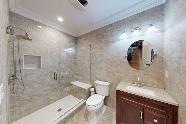 125 Stadley Rough Rd, Danbury, CT 06811 - bathroom with crown molding, tile walls, vanity, a stall shower, and toilet