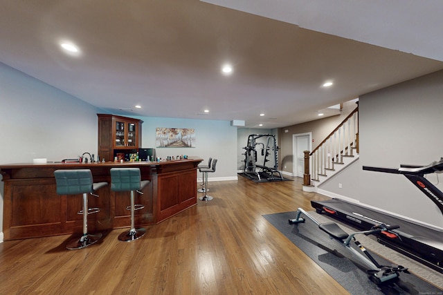 125 Stadley Rough Rd, Danbury, CT 06811 - indoor bar featuring recessed lighting, wood finished floors, baseboards, and stairway