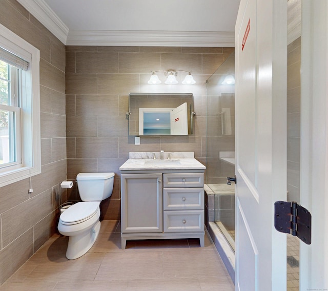 125 Stadley Rough Rd, Danbury, CT 06811 - full bath with ornamental molding, vanity, toilet, tile patterned flooring, and tile walls