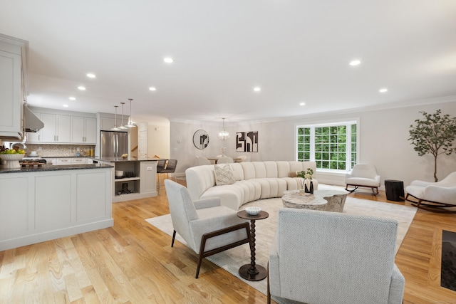 24 Pine Mountain Rd, Redding, CT 06896 - living room featuring ornamental molding, recessed lighting, and light wood finished floors