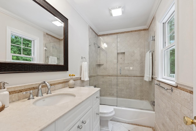 24 Pine Mountain Rd, Redding, CT 06896 - bathroom featuring tile walls, toilet, vanity, bath / shower combo with glass door, and tile patterned floors
