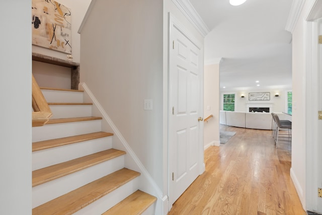 24 Pine Mountain Rd, Redding, CT 06896 - stairs with wood finished floors, ornamental molding, a fireplace, baseboards, and recessed lighting