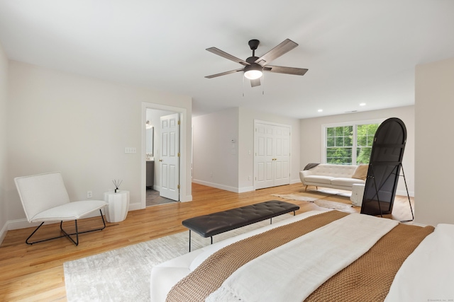 24 Pine Mountain Rd, Redding, CT 06896 - bedroom featuring light wood-style floors, baseboards, a ceiling fan, a closet, and recessed lighting