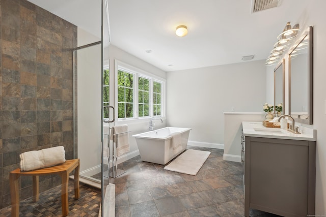 24 Pine Mountain Rd, Redding, CT 06896 - full bathroom with baseboards, a tile shower, vanity, and a soaking tub