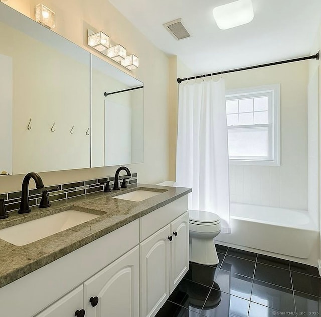 10 Secor Rd, Brookfield, CT 06804 - full bathroom with toilet, double vanity, shower / tub combo, and tile patterned flooring
