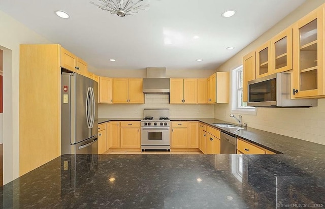 10 Secor Rd, Brookfield, CT 06804 - kitchen with appliances with stainless steel finishes, light brown cabinets, wall chimney exhaust hood, backsplash, and recessed lighting