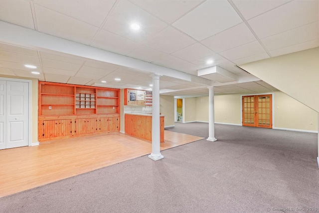 657 Tamarack Rd, Cheshire, CT 06410 - finished basement with baseboards, carpet floors, recessed lighting, bar area, and a drop ceiling