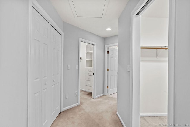 657 Tamarack Rd, Cheshire, CT 06410 - hallway with baseboards, light colored carpet, attic access, and recessed lighting