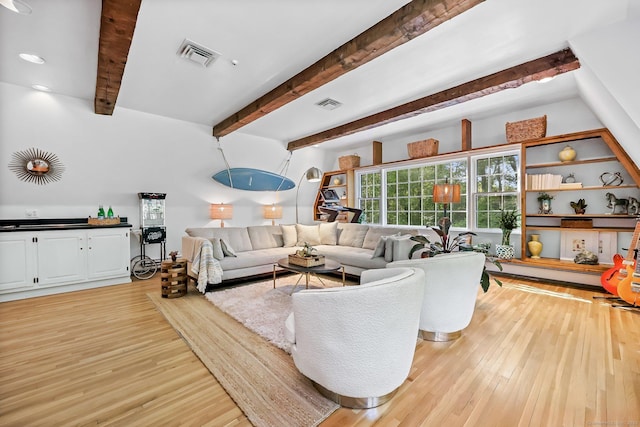 30 Norfield Woods Rd, Weston, CT 06883 - living room with light wood-type flooring, beam ceiling, recessed lighting, and a baseboard radiator