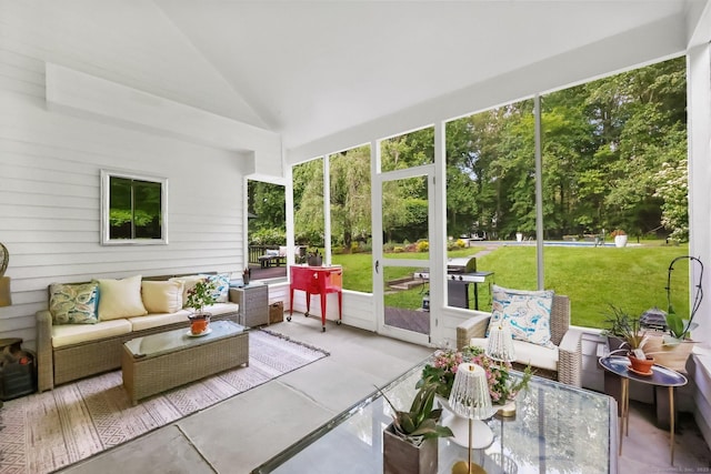 30 Norfield Woods Rd, Weston, CT 06883 - sunroom / solarium with an outdoor living space, lofted ceiling, view of scattered trees, and outdoor dining space