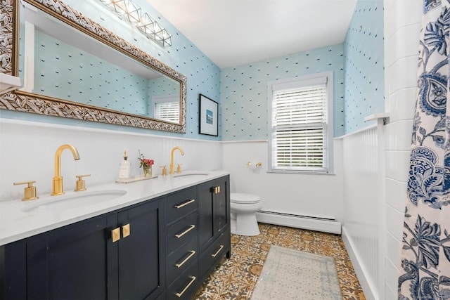 30 Norfield Woods Rd, Weston, CT 06883 - full bath featuring baseboard heating, double vanity, wallpapered walls, toilet, and tile patterned floors