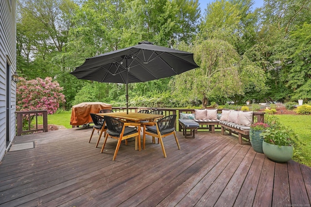 30 Norfield Woods Rd, Weston, CT 06883 - deck featuring an outdoor living space, outdoor dining area, a grill, and view of wooded area