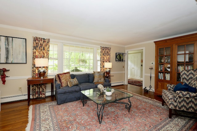 114 Peaceable Ridge Rd, Ridgefield, CT 06877 - living area featuring a baseboard heating unit, crown molding, wood finished floors, and baseboard heating