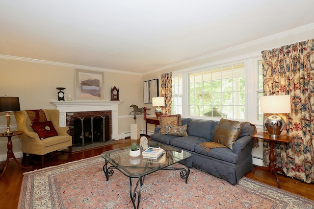 114 Peaceable Ridge Rd, Ridgefield, CT 06877 - living area with ornamental molding, wood finished floors, baseboard heating, a fireplace, and a baseboard radiator