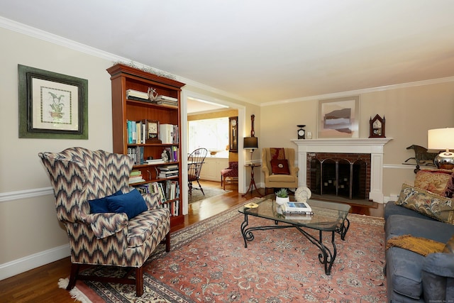 114 Peaceable Ridge Rd, Ridgefield, CT 06877 - living area with wood finished floors, baseboards, crown molding, and a brick fireplace
