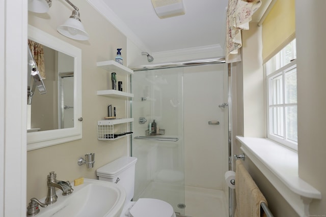 114 Peaceable Ridge Rd, Ridgefield, CT 06877 - full bathroom with a stall shower, a sink, toilet, and crown molding