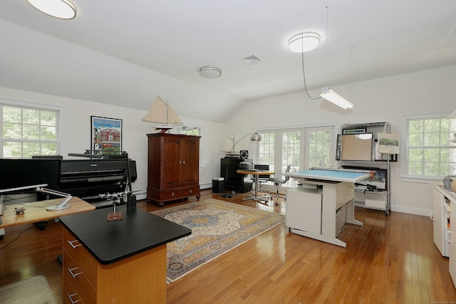 114 Peaceable Ridge Rd, Ridgefield, CT 06877 - kitchen with a kitchen island, an office area, wood finished floors, and lofted ceiling