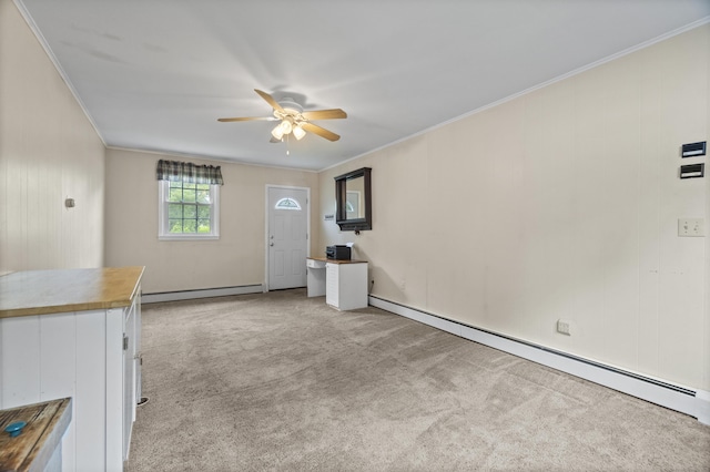20 Laurel Wood Rd, North Stonington, CT 06359 - foyer with baseboard heating, a ceiling fan, ornamental molding, and light carpet