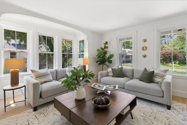 8 Washington Ave, Westport, CT 06880 - living room featuring arched walkways, light wood-type flooring, and baseboards