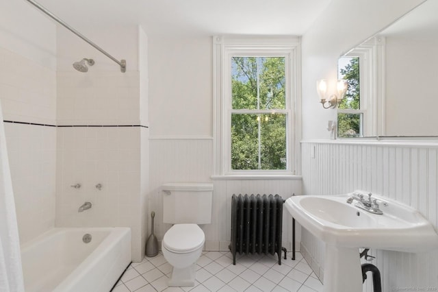 8 Washington Ave, Westport, CT 06880 - full bathroom with radiator heating unit, wainscoting, tile patterned flooring, tub / shower combination, and toilet