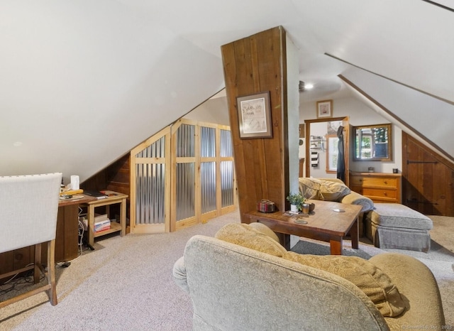8 Washington Ave, Westport, CT 06880 - carpeted living room featuring lofted ceiling and wood walls