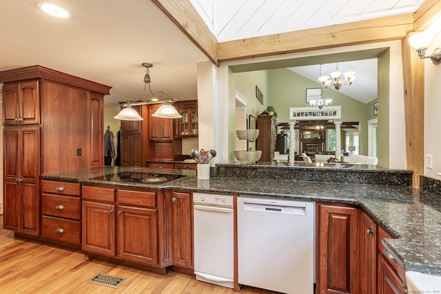 61 Baldwin Brook Rd, Canterbury, CT 06331 - kitchen featuring white dishwasher, black electric stovetop, lofted ceiling, light wood-style flooring, and pendant lighting