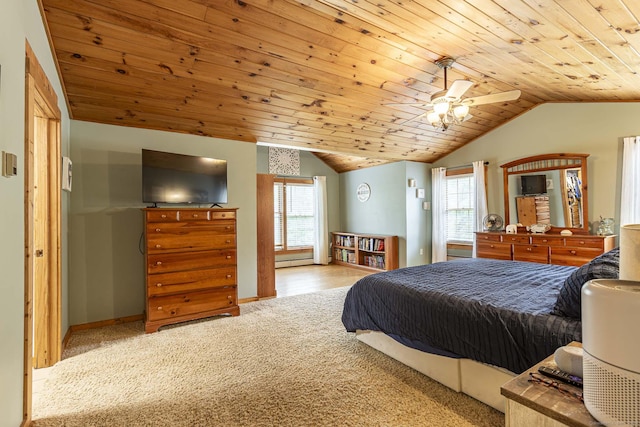 61 Baldwin Brook Rd, Canterbury, CT 06331 - carpeted bedroom with vaulted ceiling, multiple windows, wood ceiling, baseboards, and a baseboard heating unit
