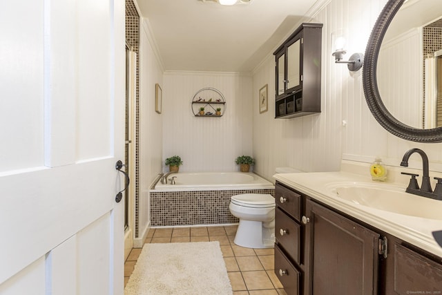 61 Baldwin Brook Rd, Canterbury, CT 06331 - bathroom with tile patterned floors, toilet, a garden tub, vanity, and a shower