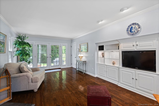 3 Colonial Dr, Clinton, CT 06413 - living room featuring french doors, ornamental molding, and dark wood finished floors